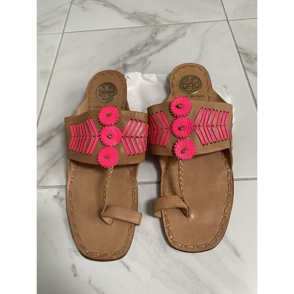 Tory Burch Toe Ring Sandal Sz 8 Tan Leather Sole Gorgeous - Picture 1 of 10